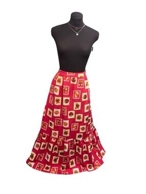 Skies Are Blue Maxi Skirt L Red Fruit Floral Print Boho Summer Linen Blend NWT